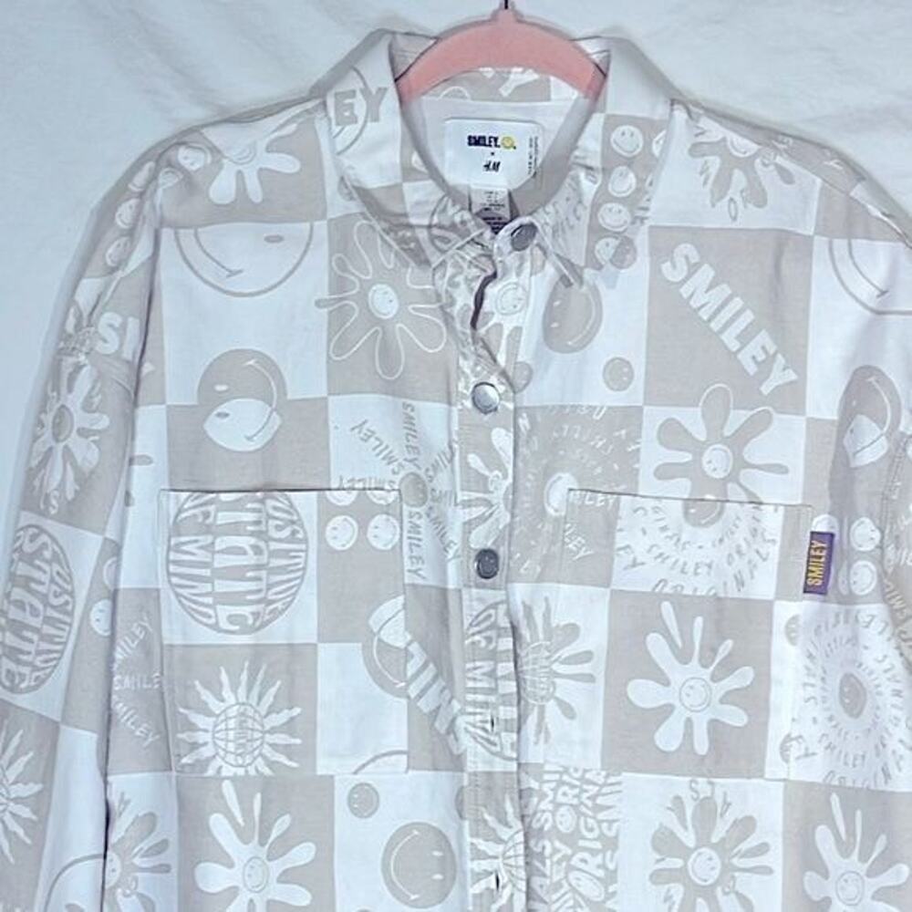 Smiley and H&M Denim White & Cream Denim Jacket Size S Novelty Print NWOT Preppy - Picture 3 of 13